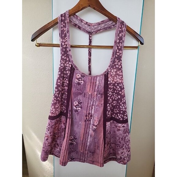 Small Mudd Boho Purples Pink Floral Print Lace Accent Back Sleeveless Tank Top - Picture 2 of 13